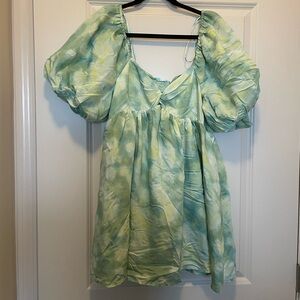 NWT Future Collective Green Tie-Dye Puff Sleeve Baby Doll Mini Dress